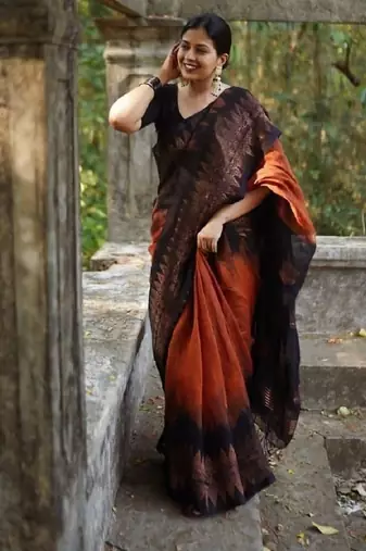 Orange black linen blend banarasi saree with unstitched blouse piece