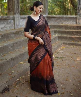 Orange black linen blend banarasi saree with unstitched blouse piece 4