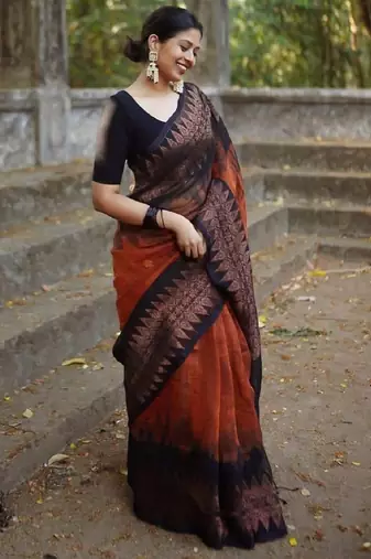 Orange black linen blend banarasi saree with unstitched blouse piece