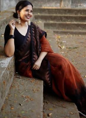 Orange black linen blend banarasi saree with unstitched blouse piece 5