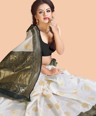 White black silk blend banarasi saree with unstitched blouse piece 2