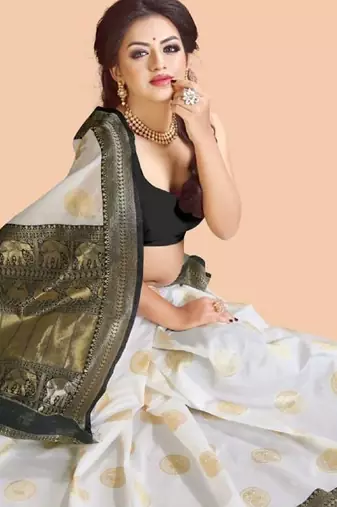 White black silk blend banarasi saree with unstitched blouse piece