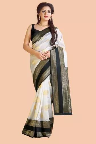 White black soft silk blend banarasi jacuard work designer party wear saree with unstitched blouse piece
