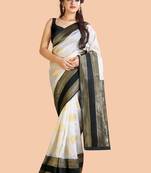 White black soft silk blend banarasi jacuard work designer party wear saree with unstitched blouse piece
