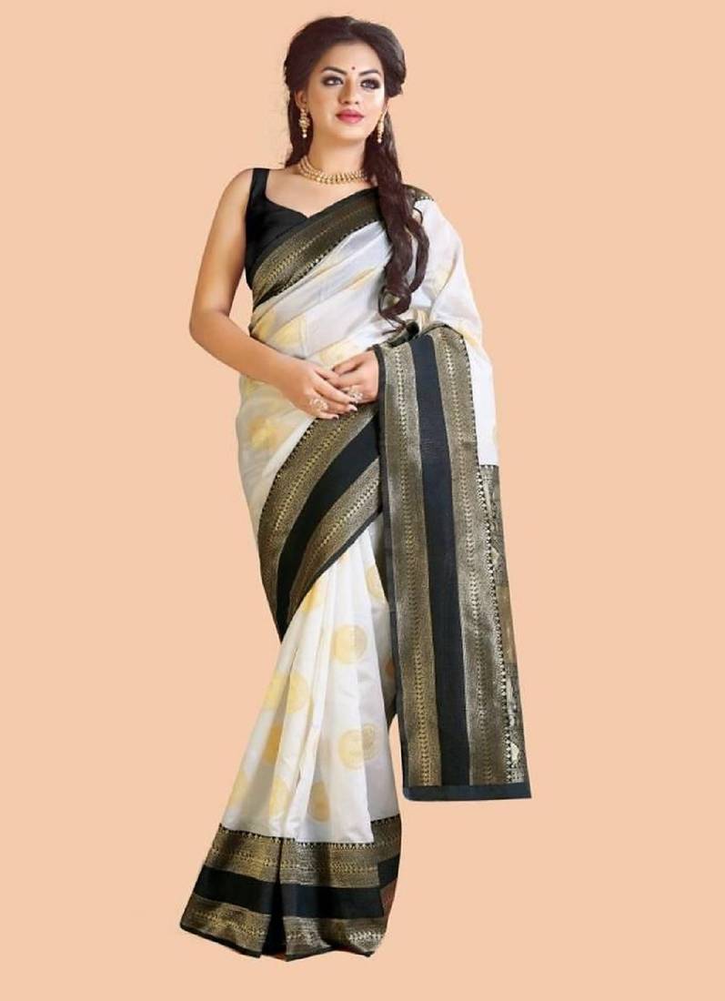 White black soft silk blend banarasi jacuard work designer party wear saree with unstitched blouse piece