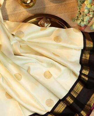 White black silk blend banarasi saree with unstitched blouse piece 5