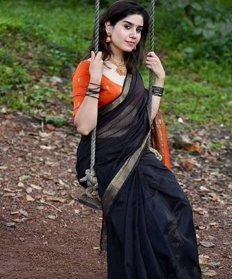 Black orange linen blend banarasi saree with unstitched blouse piece 2