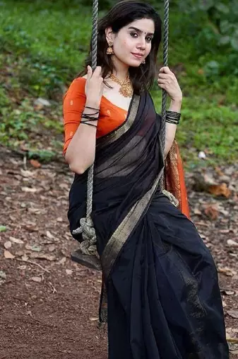 Black orange linen blend banarasi saree with unstitched blouse piece