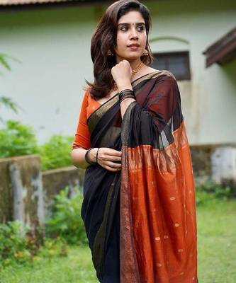Black orange linen blend banarasi saree with unstitched blouse piece 3