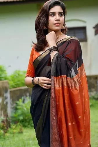 Black orange linen blend banarasi saree with unstitched blouse piece