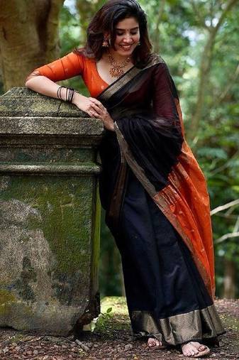 Black orange soft linen blend banarasi jacuard work designer party wear saree with unstitched blouse piece