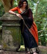 Black orange linen blend banarasi saree with unstitched blouse piece