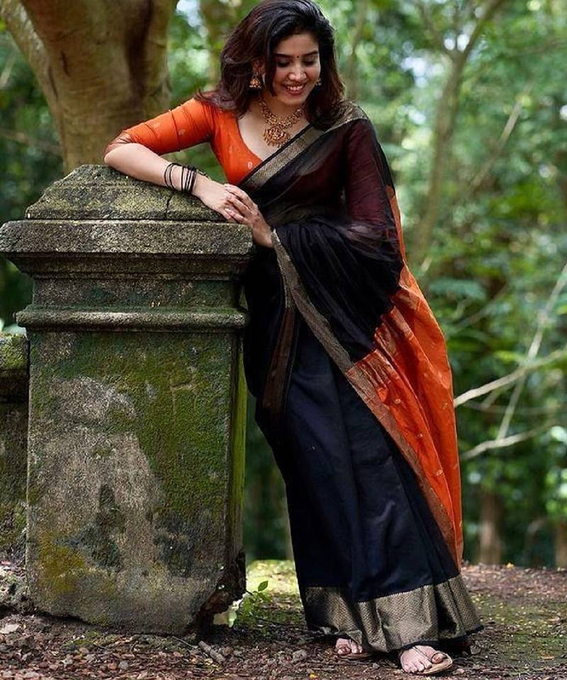 Black orange soft linen blend banarasi jacuard work designer party wear saree with unstitched blouse piece