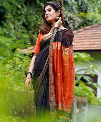 Black orange linen blend banarasi saree with unstitched blouse piece 4