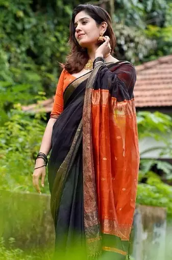 Black orange linen blend banarasi saree with unstitched blouse piece
