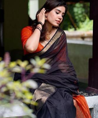 Black orange linen blend banarasi saree with unstitched blouse piece 5