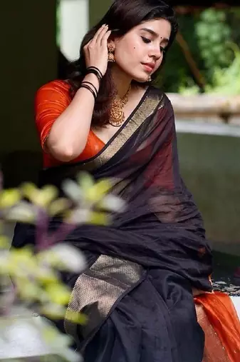Black orange linen blend banarasi saree with unstitched blouse piece