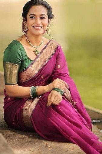 Pink green soft linen blend banarasi jacuard work designer party wear saree with unstitched blouse piece