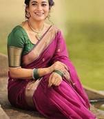 Pink green linen blend banarasi saree with unstitched blouse piece