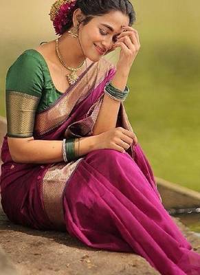 Pink green linen blend banarasi saree with unstitched blouse piece 2