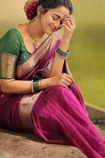 Pink green linen blend banarasi saree with unstitched blouse piece