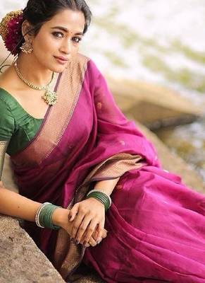 Pink green linen blend banarasi saree with unstitched blouse piece 3