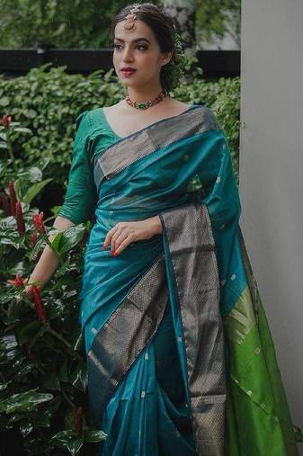 Turquoise green soft linen blend banarasi jacuard work designer party wear saree with unstitched blouse piece
