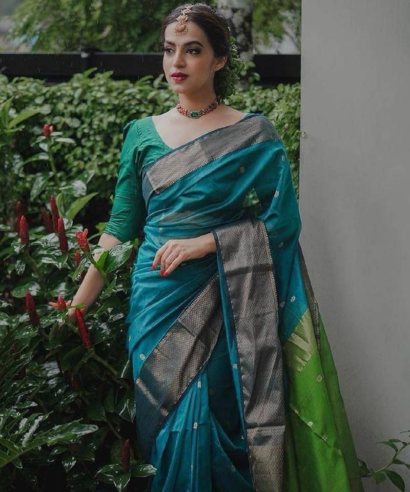 Turquoise green soft linen blend banarasi jacuard work designer party wear saree with unstitched blouse piece