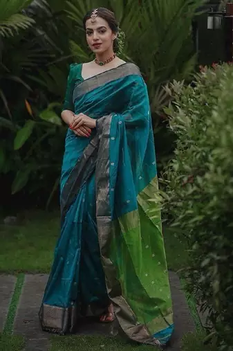 Turquoise green linen blend banarasi saree with unstitched blouse piece