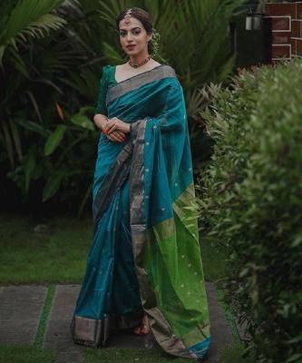Turquoise green linen blend banarasi saree with unstitched blouse piece 4