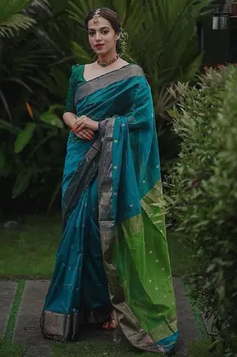 Turquoise green linen blend banarasi saree with unstitched blouse piece