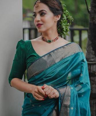 Turquoise green linen blend banarasi saree with unstitched blouse piece 5