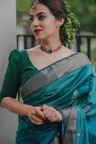 Turquoise green linen blend banarasi saree with unstitched blouse piece