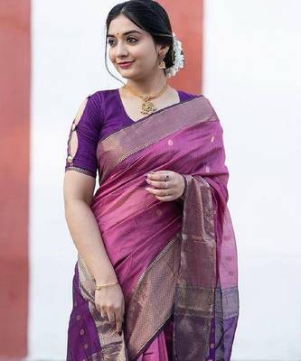 Pink wine linen blend banarasi saree with unstitched blouse piece 2