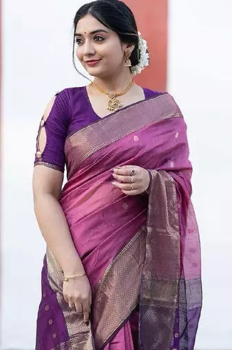 Pink wine linen blend banarasi saree with unstitched blouse piece