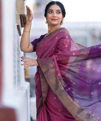 Pink wine linen blend banarasi saree with unstitched blouse piece 3