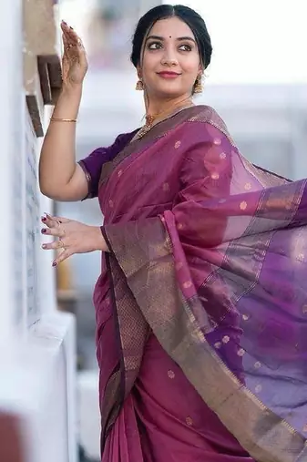 Pink wine linen blend banarasi saree with unstitched blouse piece