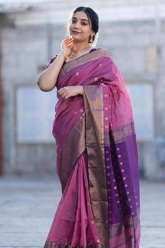 Pink wine soft linen blend banarasi jacuard work designer party wear saree with unstitched blouse piece