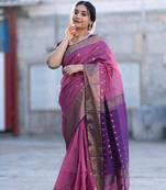 Pink wine linen blend banarasi saree with unstitched blouse piece