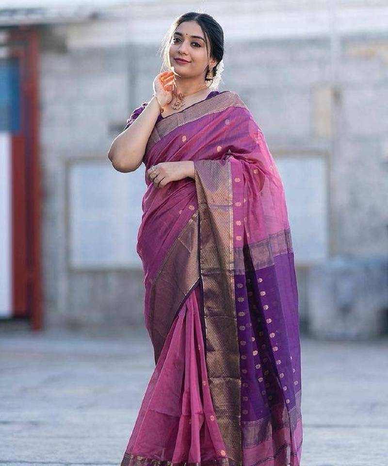 Pink wine soft linen blend banarasi jacuard work designer party wear saree with unstitched blouse piece
