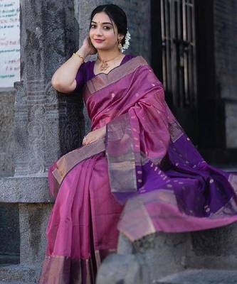 Pink wine linen blend banarasi saree with unstitched blouse piece 4