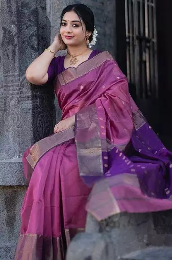 Pink wine linen blend banarasi saree with unstitched blouse piece