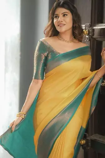 Yellow turquoise silk blend banarasi saree with unstitched blouse piece