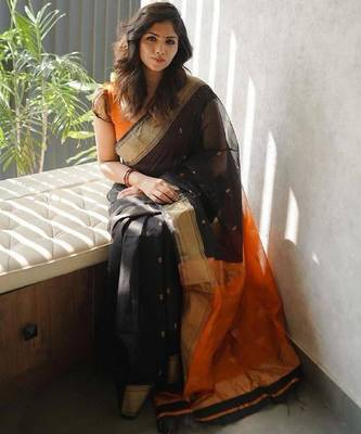 Black orange linen blend banarasi saree with unstitched blouse piece 3