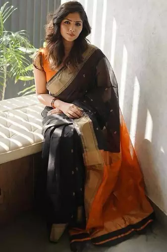 Black orange linen blend banarasi saree with unstitched blouse piece