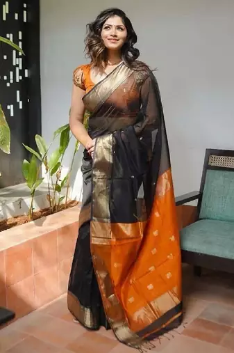 Black orange soft linen blend banarasi jacuard work designer party wear saree with unstitched blouse piece