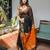 Black orange soft linen blend banarasi jacuard work designer party wear saree with unstitched blouse piece