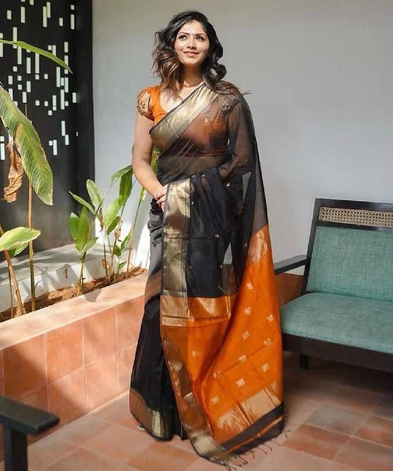 Black orange soft linen blend banarasi jacuard work designer party wear saree with unstitched blouse piece