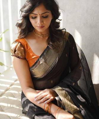 Black orange linen blend banarasi saree with unstitched blouse piece 4