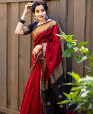 Red black linen blend banarasi saree with unstitched blouse piece 3
